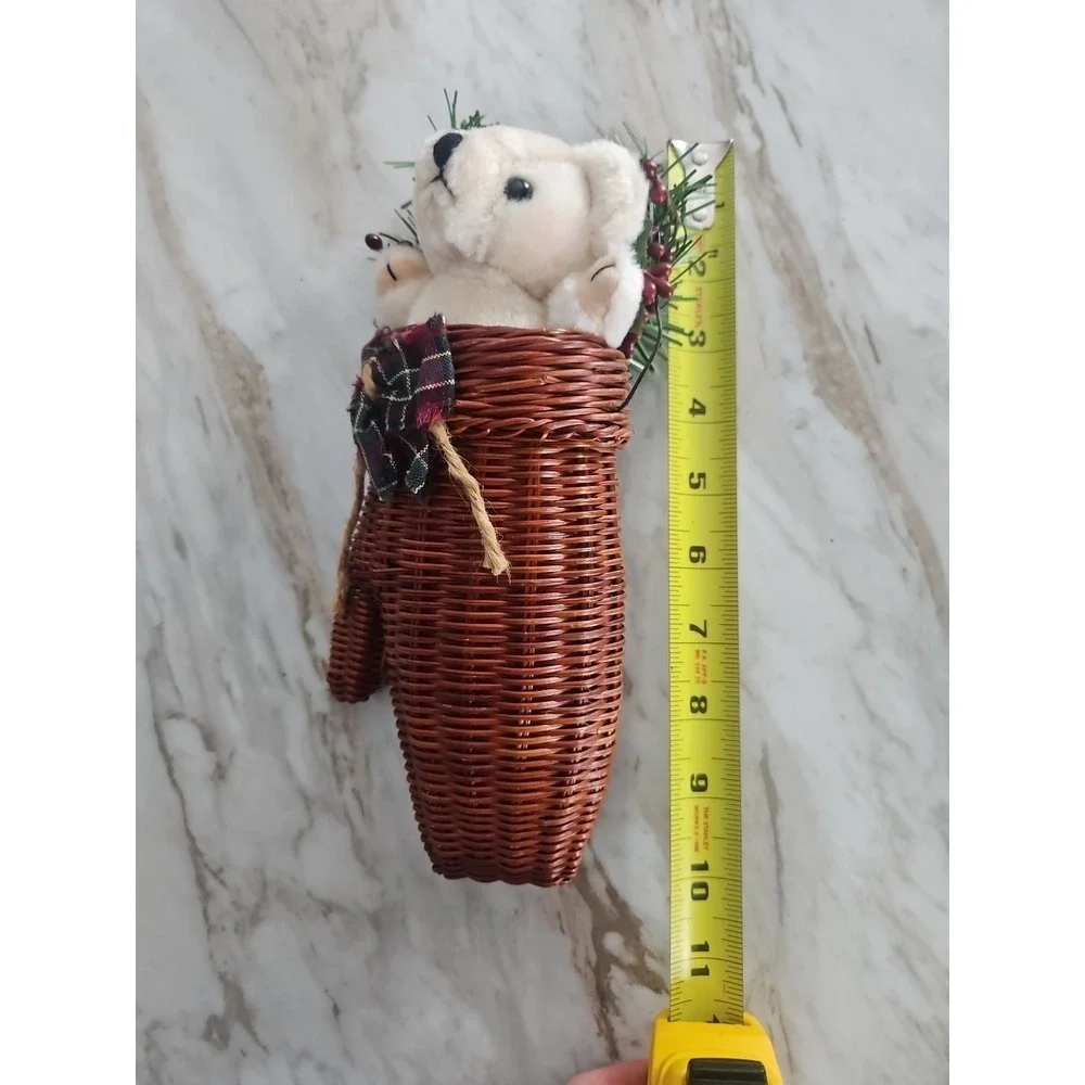 Wicker Rattan Woven Mitten Hanging Basket With Bear Holiday Decor Country